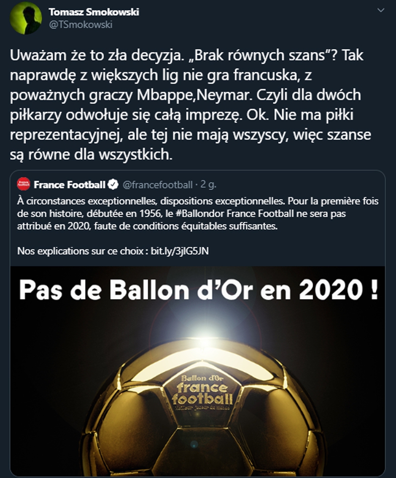 Tak Tomasz Smokowski ocenił odwołanie plebiscytu Złotej Piłki za 2020 rok!